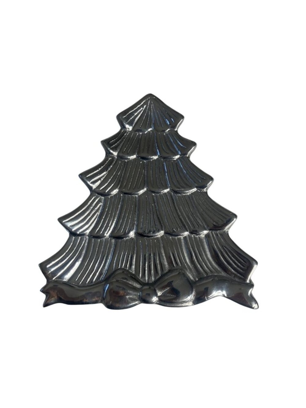 Silver Christmas Tree Shaped Decorative Plate With Bow Design